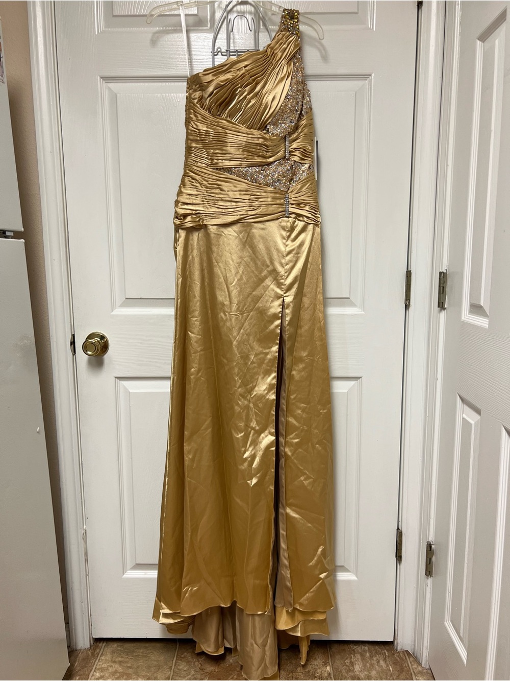 Terani Couture Gold One-Shoulder Pleated Hi Lo Evening Dress with Sequin Accents